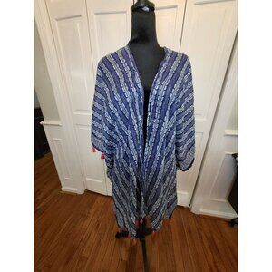 Blue/White Cotton Wrap/Kimono/Cover Up Red Tassel Trim OSFM Boho Hippie